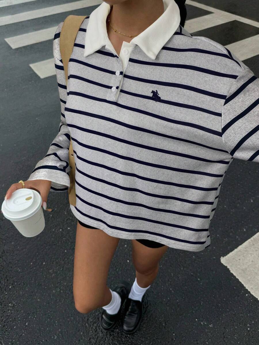 Muchica 女士休闲通勤学院风刺绣条纹印花撞色 Polo 领长袖 T 恤,春秋季 - 灰色 - 查看 1