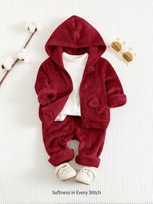 Cozy Pixies 2 件女婴秋冬毛绒内衬连帽夹克，带 3D 蝴蝶结拉链和抽绳裤运动休闲套装 - 酒紅色 - 查看 1