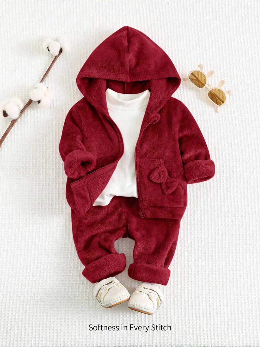 Cozy Pixies 2 件女婴秋冬毛绒内衬连帽夹克，带 3D 蝴蝶结拉链和抽绳裤运动休闲套装 - 酒紅色 - 查看 1