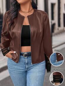 SHEIN Clasi 大码女式休闲前拉链夹克 - 棕色 - 查看 1