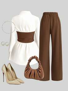 Franclia 2件套：收腰衬衫和阔腿裤，修身设计，翻领 - 彩色 - 查看 2