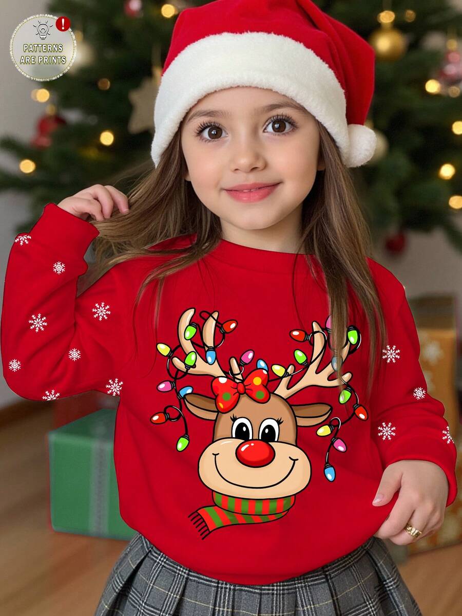 SHEIN Buon Natale, Maglioncino casual e minimalista da ragazza, con simpatico motivo natalizio di Rudolph la renna dal naso rosso e fiocchi di neve a pois, in rosso festivo, vestibilità morbida e comoda, collo a giro, manica lunga, adatto per l'autunno/inverno, Natale - Multicolore - Visualizzare 1