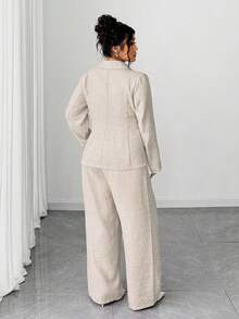 Elenzga Plus Size Elegant Solid Color Long Sleeve Jacket & Pants Suit Set - Apricot - View 2