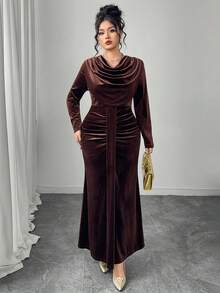 Modelyn 优雅天鹅绒垂坠领长袖修身常规加大码连衣裙，春秋季 - 棕色 - 查看 5