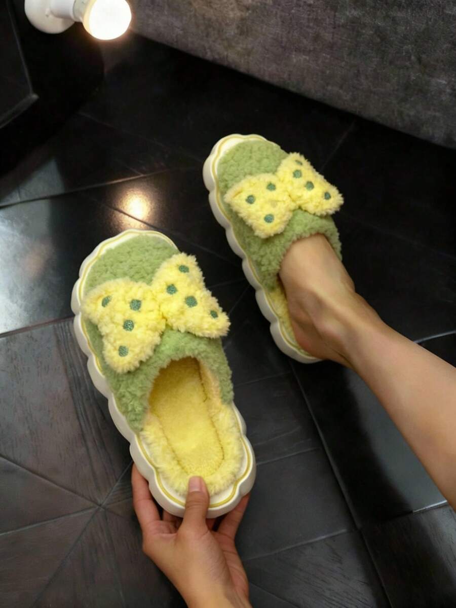 Pantufla de mujer felpa suave lazo tridimensional punta redonda sin cordones suela gruesa estilo kawaii invierno hogar pantufla - Verde - Ver 1