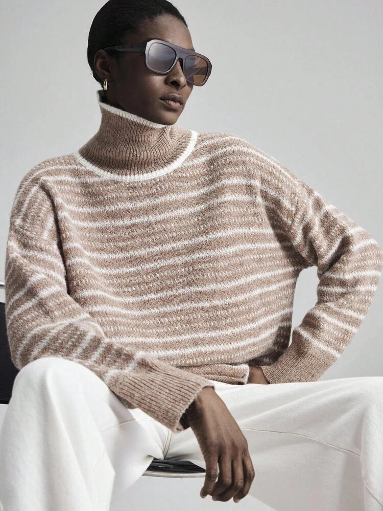 Women's Pink And White Striped Turtleneck Wool Sweater,Autumn Soft Drop Shoulder Pullover For Casual Occasion,Old Money Style High-End Office Wear