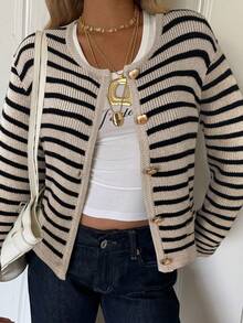 SHEIN EZwear 黑色和米色条纹针织开衫，正面带纽扣，女士休闲秋冬装 - 卡其色 - 查看 5