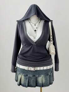 Sunspun Áo nỉ cổ chữ V màu trơn, dáng ôm thoải mái, thường ngày - Xám - Xem 5