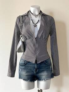 SHEIN Jeanoir 女式V领性感时尚修身金属拉链衬衫 - 藍白色 - 查看 1