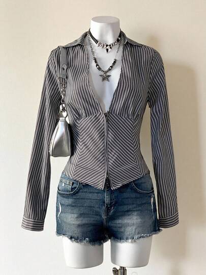 Jeanoix 女式V领性感时尚修身金属拉链衬衫