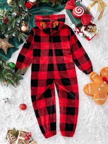 SHEIN Kids Tween Boy Double-Faced Fleece Hooded Half-Open Full-Body Printed Long-Sleeved Pants Home Clothes Christmas, Christmas, Party, New Year - Red and White - View 5