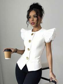 Selianne Women's Premium Stylish Black Suit Vest With Layered Sleeves And Ruffle Details - White - View 1