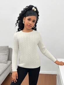 SHEIN Tween Girl Minimalist Elegant Casual College Style Crew Neck Chunky Knit Fitted Sweater, Long Sleeve Top, Autumn/Winter Sweater, Graceful, Long Sleeve, Crew Neck Top - Beige - View 4
