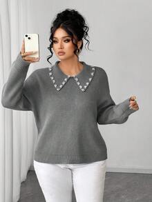 SHEIN Elenzya 女士珍珠领纯色简约套头毛衣 - 淺灰色 - 查看 5
