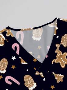 PopScrub Plus Size Women's Christmas Nurse/Doctor Uniform Top,Summer Workwear,Black V-Neck Short Sleeve Gingerbread Man Tree Print Multi-Pocket Functional Wear - Black - View 5