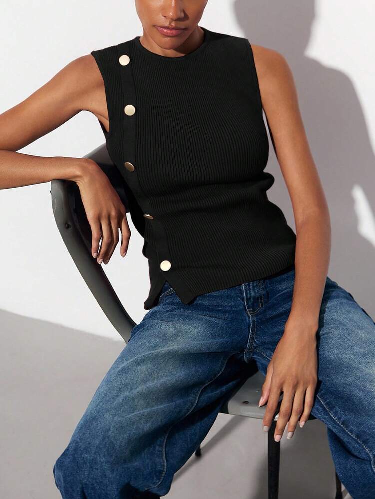 SHEIN Maija Women's Black Sleeveless Knit Top With Metal Button Accent, Minimalist And Elegant Suitable For Commuting, Business Casual And Office Wear, Perfect For Parties, New Year Gatherings, St Patrick's Day Women Easter Summer Easter Women Party Top Beach Summer Holiday Beach Vacation Summer Going Out Graduation