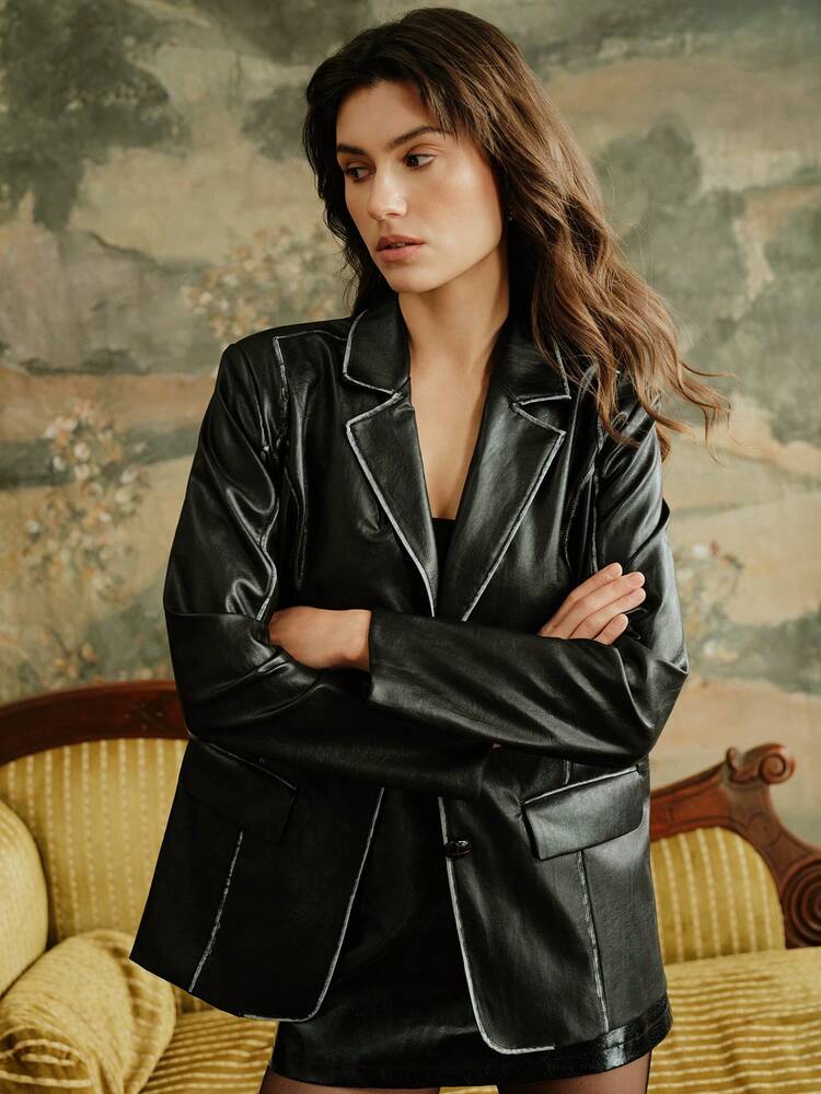 여성용 헤비 크래프트 디스트레스드 빈티지 칼라 PU 가죽 재킷, 블랙 긴소매 블레이저 코트, 가을, 겨울, 봄, 새해, 파티, 결혼식, 시크, 스타일리시, 직장, 추수감사절, 졸업, 크리스마스, 축제, 우아함에 적합