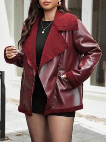 Vionelle Plus Size Jacket PU Burgundy Pocket Zipper Faux Fur Lining Outerwear, New Autumn/Winter - Burgundy - View 4