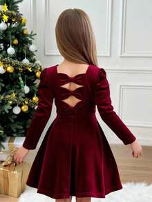 SHEIN Mädchen elegantes, süßes Party Weihnachts-Strickkleid aus Samt mit langen Puffärmeln, Schleife am Rücken und Mesh-Einsätzen, rot, geeignet für Kinder Freizeitmode, Rückkehr zur Schule, Eröffnungszeremonie, Alltagsmode, Schule, Reisen, Sport, Herbst/Winter - Bordeaux - Übersicht 1