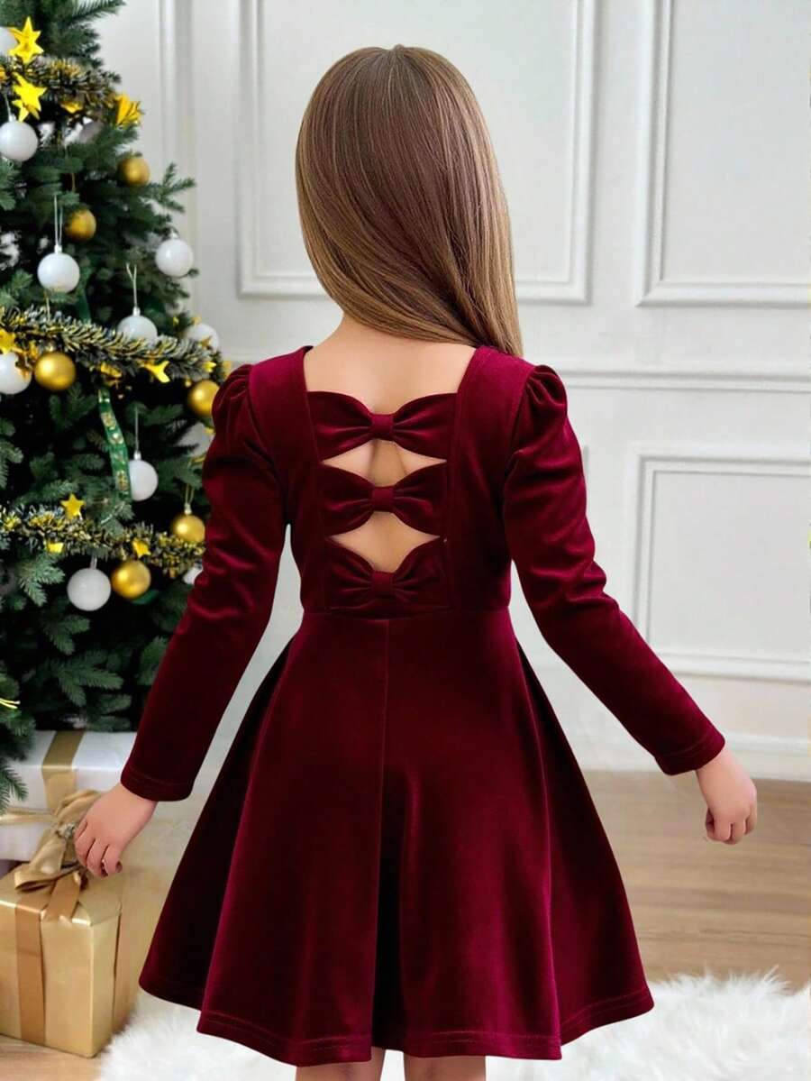 SHEIN Mädchen elegantes, süßes Party Weihnachts-Strickkleid aus Samt mit langen Puffärmeln, Schleife am Rücken und Mesh-Einsätzen, rot, geeignet für Kinder Freizeitmode, Rückkehr zur Schule, Eröffnungszeremonie, Alltagsmode, Schule, Reisen, Sport, Herbst/Winter - Bordeaux - Übersicht 1