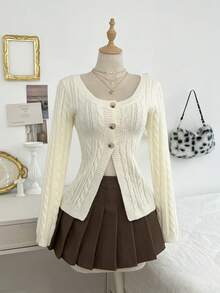 Elamini 女士秋冬长袖单排扣休闲复古针织开衫 - 米色 - 查看 4