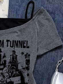 Attitoon Áo thun tay ngắn họa tiết khối màu cổ điển thường ngày dành cho nữ, họa tiết kiến trúc, phù hợp với Y2K, phong cách cổ điển, 34% cotton - Nhiều màu - Xem 4