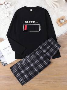 SHEIN Teen Boys Cartoon Print Black Long Sleeve Crew Neck Plaid Pants Pajama Set, Casual, Comfortable, Versatile, Soft Fabric, Suitable For Daily Wear, School, Outings, Home, Fall Autumn And Winter Clothes, Back To School Sleep Wear Teen Teen Boys Cotton Sets Teen Long Sleeve Pajama Pj Sets Teen Sleep Wear For Boys - Multicolor - View 3