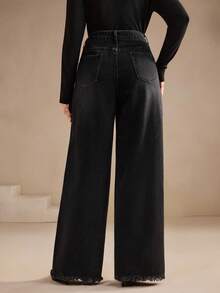 Anewsta Women's Elegant Embroidered Hollow-Out Black Straight Pants, Suitable For Dates, Autumn/Winter - Black - View 3