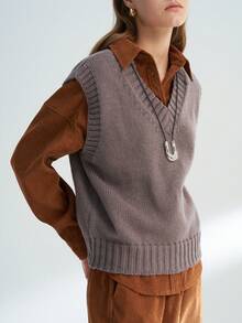 INAWLY Gilet tricoté ample décontracté style rétro col V pour femmes - Tabac - Voir 5