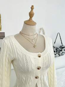 Elamini 女士秋冬长袖单排扣休闲复古针织开衫 - 米色 - 查看 5