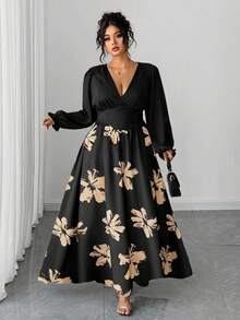 Elenzga Plus Size Women Elegant Graphic Print V-Neck Long Sleeve Frill Trim Belted Waist Slim Fit Maxi Dress, Spring/Autumn
