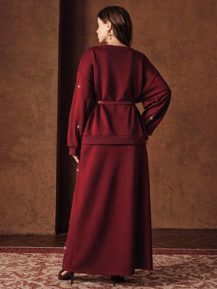 Anewsta Women Plus Size Elegant Round Neck Long Sleeve Sequin Embroidered Skirt Set With Belt, 2 Pieces