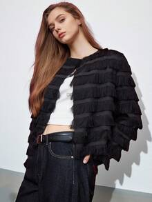 Maija Women's Solid Color Fringe Decor Casual Jacket, Fall Clothes, Autumn Clothes For Women, Christmas Women's Clothing, Christmas Clothes, New Year Clothes, New Year Women's Clothes, Thanksgiving Shirt, Halloween Costumes, Halloween Cosplay, Party Outfit, Elegant Women's Blouses, Casual Blouses For Ladies