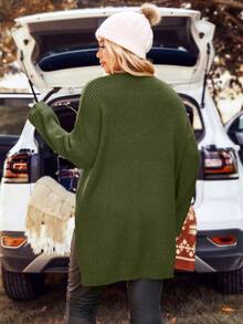 SHEIN LUNE Sweater Pullover Kasual Wanita Ukuran Besar dengan Kerah Bulat dan Belahan Samping, Musim Gugur/Dingin - Hijau Tentara - View 2