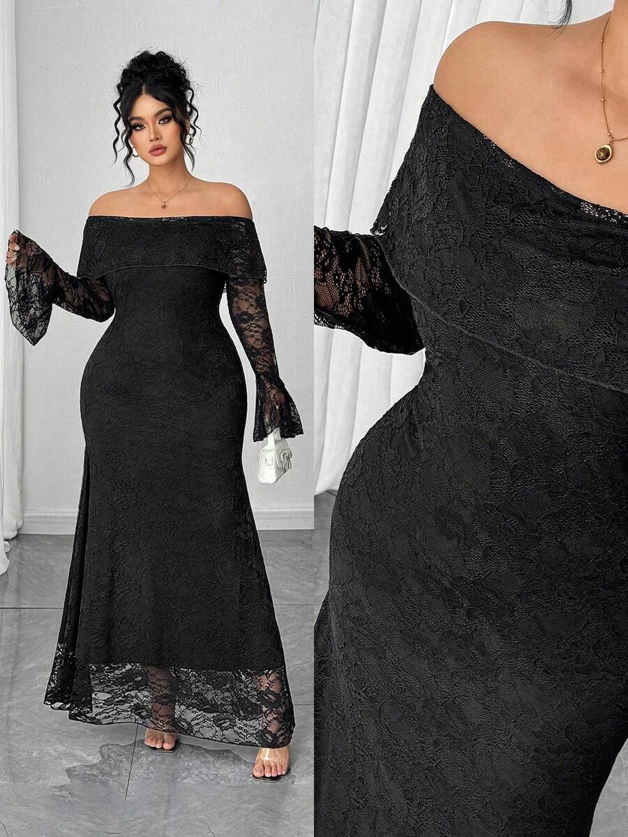 Elenzga 大码女式优雅雪纺拼接露肩长袖喇叭袖收腰修身高端派对连衣裙，秋冬 - 黑色 - 查看 1