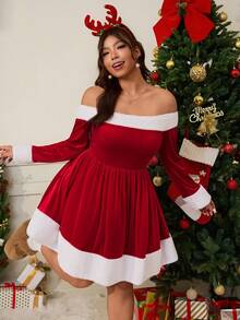 SHEIN EZwear Váy đỏ chắp vá lông cỡ lớn, thích hợp cho Giáng sinh, hẹn hò, tiệc tùng vào mùa thu/đông - Đỏ - Xem 3