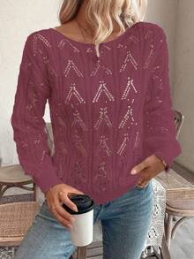 EMERY ROSE Vacation Style Casual Hollow Floral Pattern Off-Shoulder Loose Pullover Sweater - Rose Red - View 4