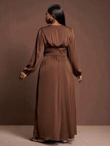 Veslaya Chocolate Brown Plus Size Women's Autumn Elegant Ruched Waist & Cuff Flared Leg Jumpsuit,Dinner Wedding Guest Date Night Formal Party Slim Fit - Brown - View 2