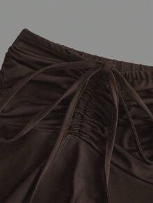 Sweetra Quần váy cạp chun co giãn phía trước có dây rút viền bất đối xứng cỡ lớn - Cà phê nâu - Xem 5