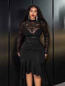 Veslaya Vestido ajustado de manga larga, transparente y con encaje en negro, con bajo de sirena elástico, ideal para fiesta, club, baile de graduación, reunión o cita. Nuevo lanzamiento de otoño/invierno 2025 para mujer de talla grande - Negro - Ver 3