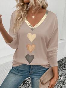 EMERY ROSE Koszulka damska z długim rękawem i dekoltem w serek, w stylu casual, z nadrukiem w kształcie serca, ze złotym kołnierzykiem z PU