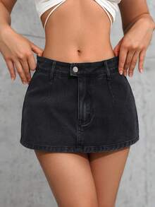 SHEIN ICON Autumn Plus Size Women Cowgirl Denim Mini Skirt, Jeans Shorts Jean Skirt Mini - Black - View 1