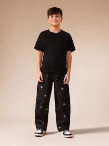 SUMWON Galaxy Print Wide Leg Denim Jeans With Starry Pattern For Casual Streetwear Everyday Wear - Black - View 3