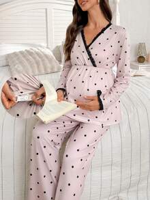 Moonlight&Mama Polka Dot Print Contrast Lace Trim Long Sleeve Top & Pants Maternity Pajama Set, Winter - Multicolor - View 1