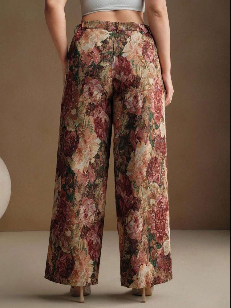 Valentine Plus Size Women Vintage Elegant Slimming Jacquard Pattern Dress Pants, Suitable For Fall, Winter, New Year, Elegant, Chic, Stylish, Christmas, Going Out