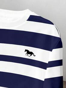 Manfinity Joysei Men's Simple Blue And White Striped Pattern Pullover Sweatshirt, Suitable For Autumn/Winter Striped Long Sleeve - White - View 4