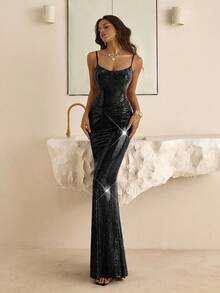 Vowa 时尚、性感、前卫、网眼、闪亮、深紫红色、弹力面料、褶饰、适合夜总会、派对、海滩、度假、鸡尾酒会礼服 - 黑色 - 查看 7