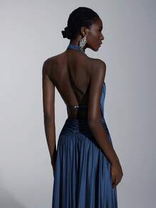 Elitara Elegant, Romantic, Sexy, Minimalist Brown Elastic Halter Backless A-Line Dress, Fashionable, Influencer Style, Suitable For Holidays, Vacations, Birthday Parties, Weddings, Bridesmaid Events