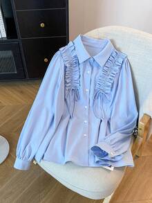 GlowEve CURVE Plus Size Women Elegant Long Sleeve Floral Lace Bowknot Blue Shirt Elegant Lace Blue Top - Blue - View 3