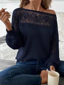 Reflora Women's Lace Trim Patchwork Pullover Sweater/Winter Fall - Navy Blue - View 4